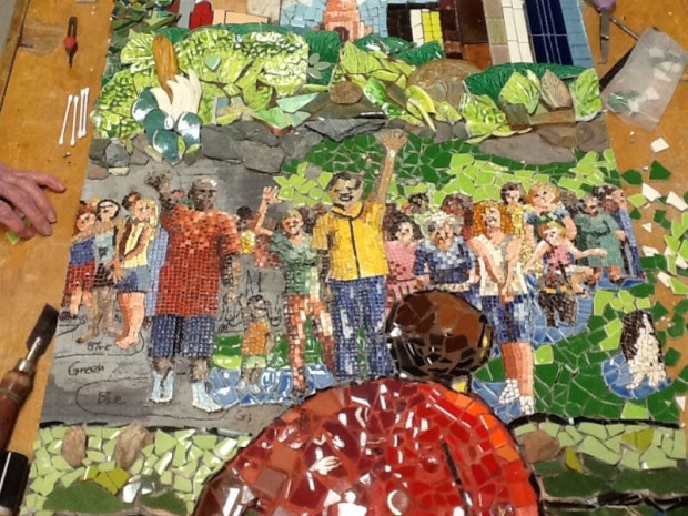 Panel 2 mosaic art mural being created by friends and members of University Presbyterian Church in Austin, Texas, U.S.A.